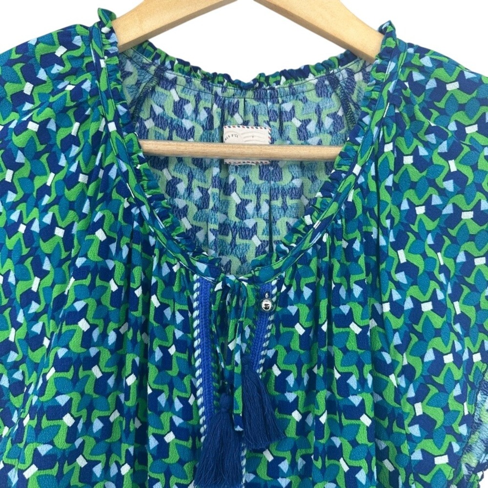 Anthropologie Postmark Treme Tassel Blouse Blue Green‎ Geometric SZ S Boho Tunic